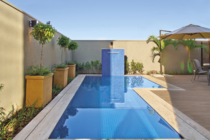 A piscina com pastilhas foi emoldurada por vasos com Ficus