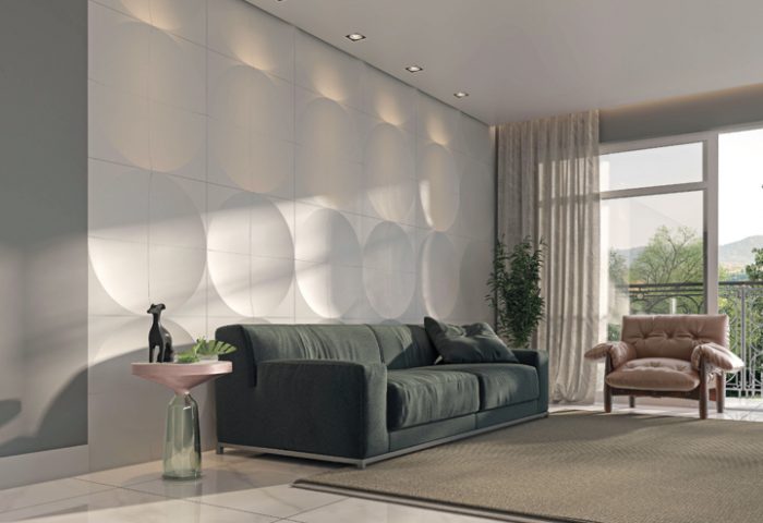 Na parede, a Linha Bossa, assinada pelo designer Antônio Bernardo para a Solarium, remete a efeitos visuais e mudança de planos, formas geométricas, quadrados e círculos.
