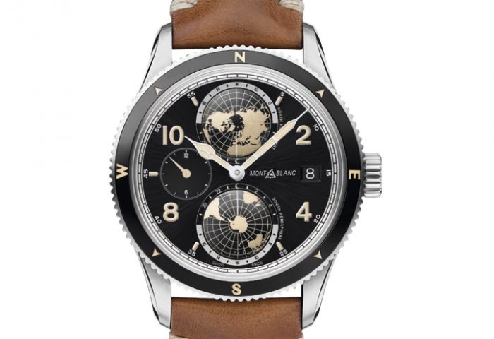 Relógio Montblanc 1858 Geosphere, com pulseira em couro. Possui dois globos de hemisfério na cúpula, que fazem uma rotação completa em 24 horas. O hemisfério norte gira no sentido anti-horário, enquanto o hemisfério sul gira no sentido horário.