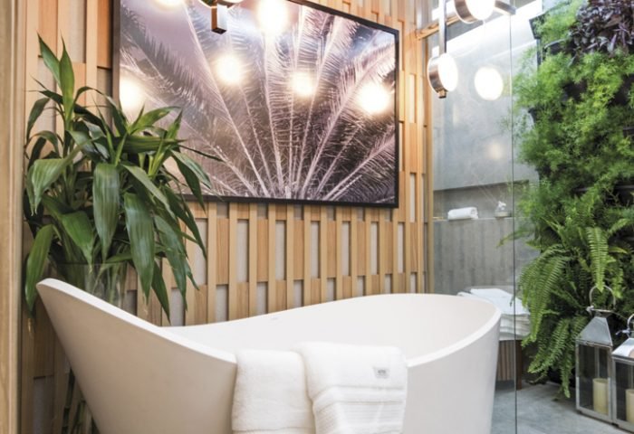 Véra Mendonça e Natália Mendonça buscaram nesta reforma valorizar a sala bolha com elementos da natureza em seu interior, o jardim vertical e os objetos escolhidos trazem um ambiente fresco e relaxante