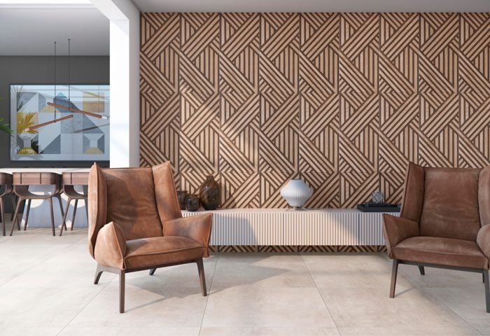 Dentre as novidades da Eliane Revestimentos, o azulejo artístico Frame Taco faz uma releitura estética dos perfis de madeira e das clássicas paginações em tacos, explorando um efeito ótico tridimensional que torna as paredes internas instigantes e personalizadas, como se fossem talhadas por talentosos artesãos. A peça de 45x90cm conta com um acabamento levemente aveludado e opaco, proporcionado um toque muito próximo dos elementos naturais.