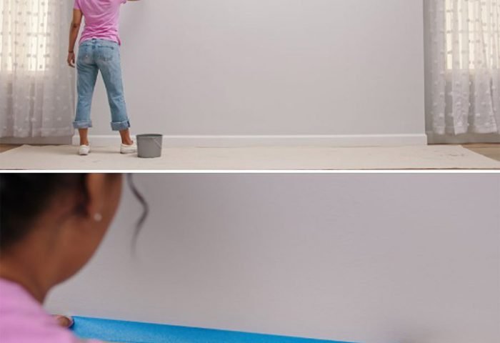 1. Preparação  Limpe sua superfície, usando um pano ou esponja umedecida com água e um pouco de detergente neutro. Remova toda a poeira e sujeira. Lave as paredes com água limpa para retirar os resíduos de sabão. Caso haja necessidade, corrija as fissuras e buracos com massa corrida, lixe levemente e retire a poeira. Não se esqueça de guardar os móveis da sala para ter espaço para trabalhar e de colocar fita nas bordas da sua parede para não manchar as adjacentes. 
