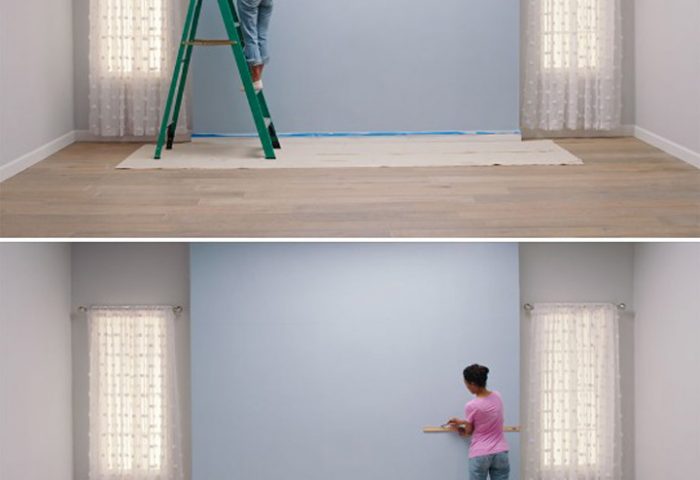 2. Cor base da pintura  Comece pintando a parede inteira com a tonalidade mais clara (na foto, usamos o Azul Singelo SW 6520) e deixe secar por 3-4 horas. Uma dica: opte por uma tinta de qualidade para garantir uma boa cobertura na parede, o que criará uma superfície fresca para a tinta se misturar. As tintas acrílicas da categoria Premium como Metalatex são fáceis de limpar, não desbotam, apresentam uma excelente cobertura e estão disponíveis em acabamento fosco, acetinado e semibrilho. E a Design Acrílico, que é indicada para reformas e renovações de ambientes, por não apresentar cheiro, possuir secagem rápida e fácil manuseio e aplicação. 