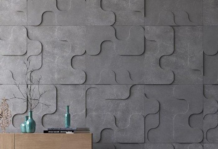 As formas orgânicas deram origem ao Puzzle, da Palazzo, que harmoniza o design 3D com o charme do concreto aparente, por meio de seus poros aleatórios e destonalidades. 