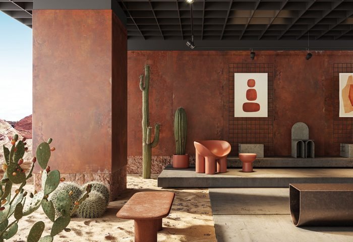 De um vermelho intenso e grande formato, a linha Fire (1,20 x 2,50 m), da Roca, evoca o aço corten e sua estética desgastada pela ação do tempo.